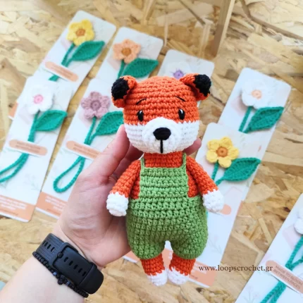 πλεκτό κουκλάκι amigurumi αλεπού χρώμα πορτοκαλί πράσινο χειροποίητο handmade loopscrochet