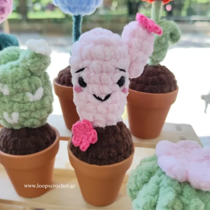 πλεκτός κάκτος σε γλαστράκι amigurumi χρώμα ροζ καφέ χειροποίητο handmade loopscrochet
